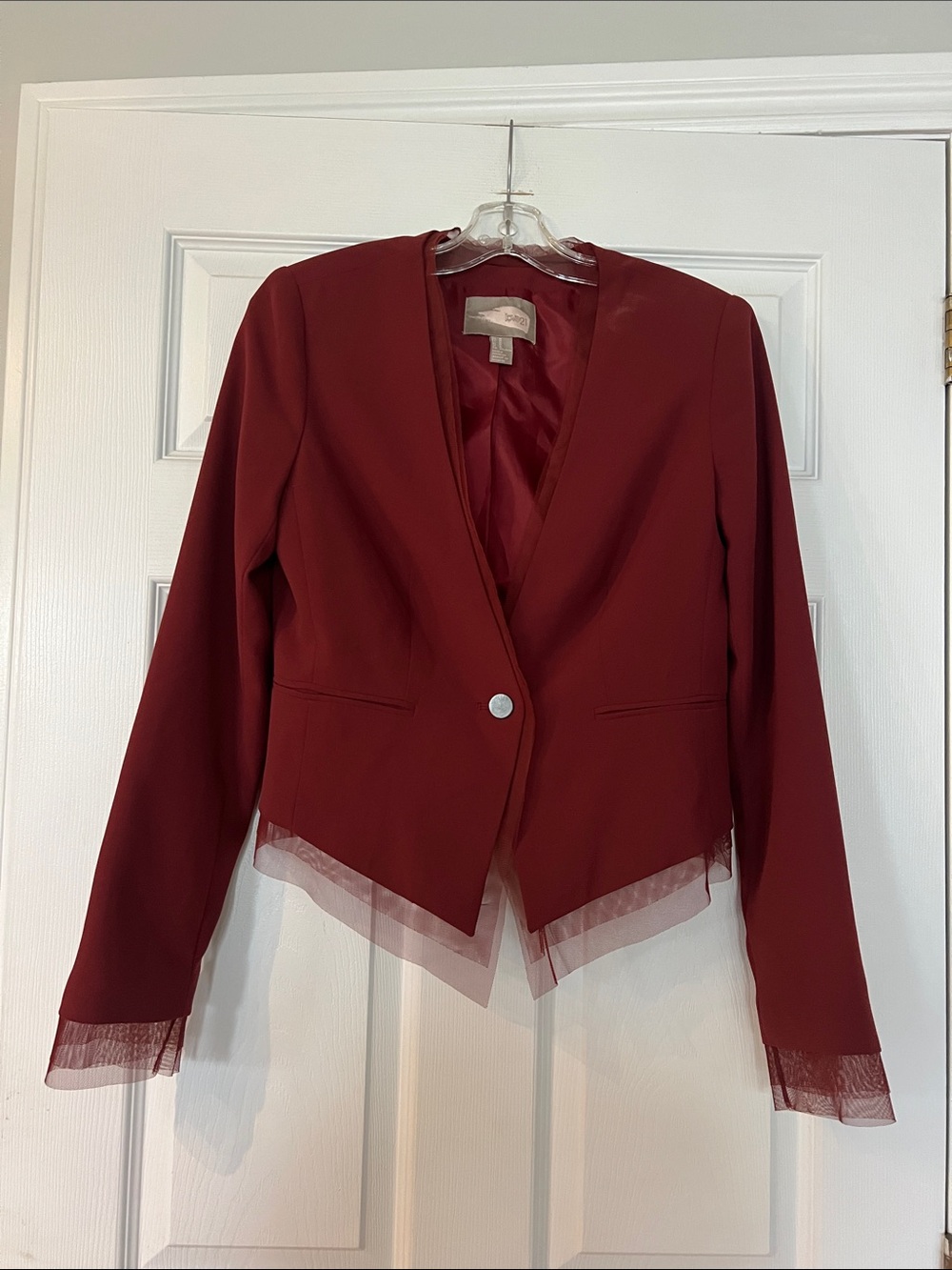 Forever 21 Wine Red Blazer with Tulle Trim